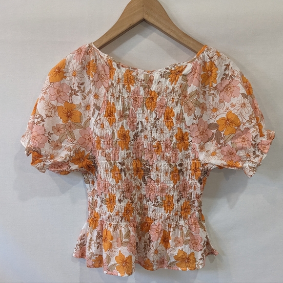Lush 100% Cotton Pink Ditsy Floral Puff Sleeve Sheared Blouse Top Size Small - Picture 8 of 9